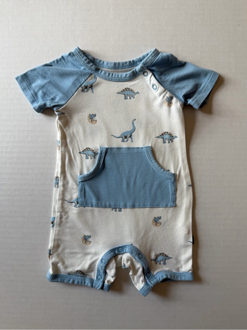 Kyte Baby 3-6M Blue Dinosaur Bamboo Romper Shortall Pocket